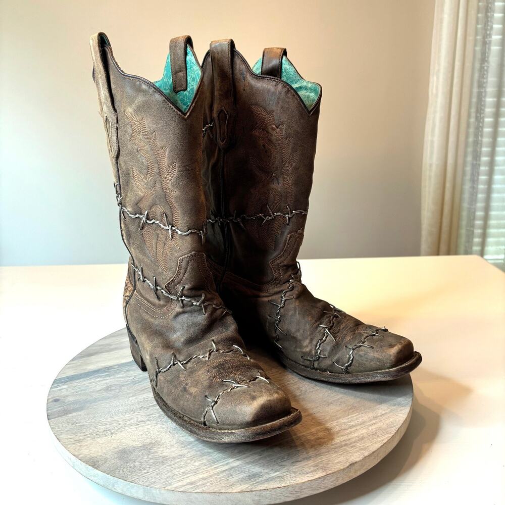 Corral A3815 Women's 12 M Brown Leather Barbed Wire Square Toe Cowboy Boots